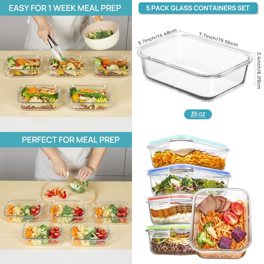 Meal Prep Glass Containers Oven Safe - 5 Pack Glass Food Storage Containers