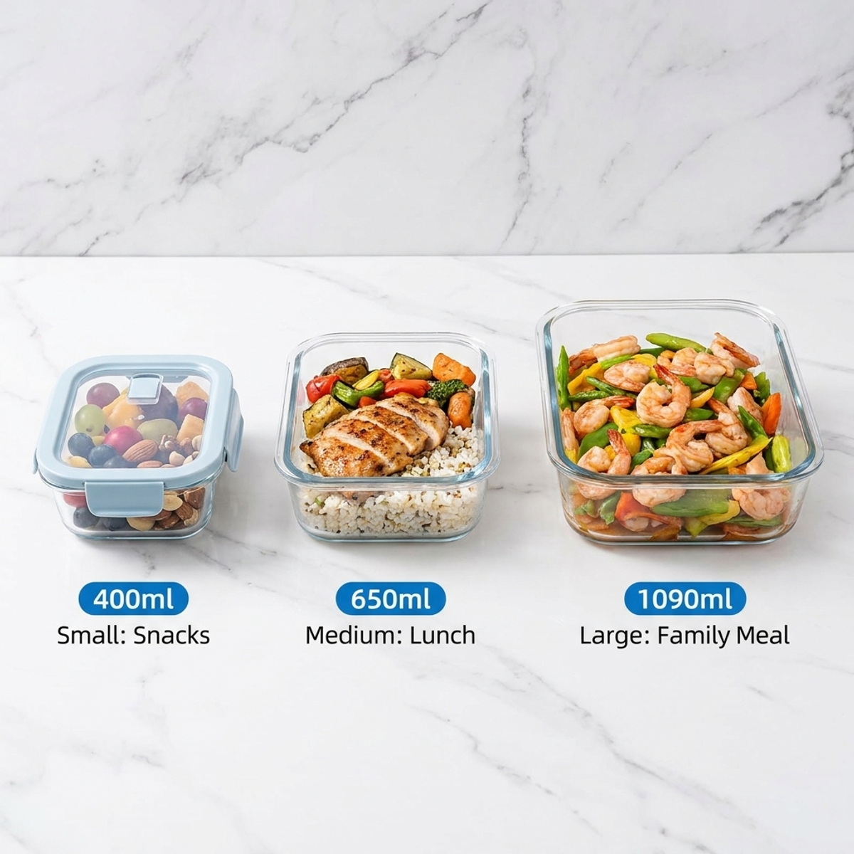 Meal Prep Glass Containers Oven Safe - Shallow Blue Glass Bento Box–High Transparency