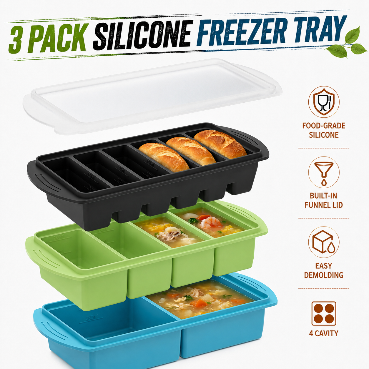 Meal Prep Chia Pudding - 3 Pack Silicone Freezer Trays Set