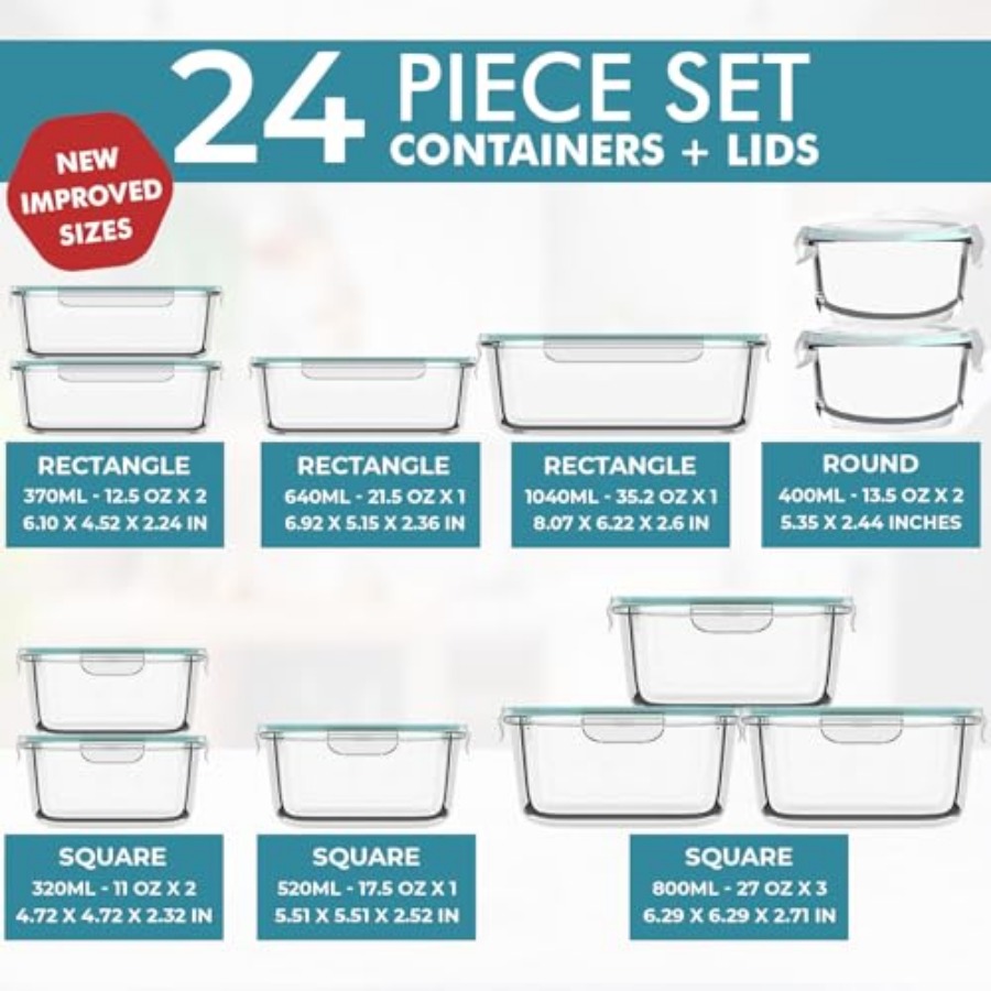 24 Pc Airtight Glass Food Stor - Meal Prep Glass Containers Oven Safe reseña y precio